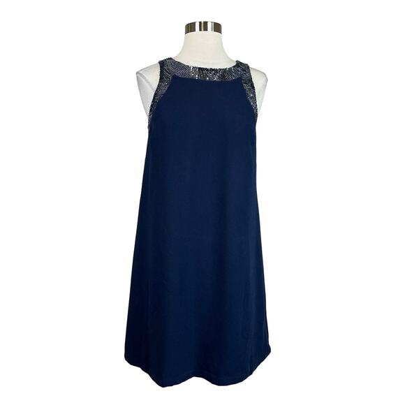 Aidan Mattox Women's Cocktail Dress Size 6 Blue Beaded Trim Sleeveless Shift - Picture 1 of 13